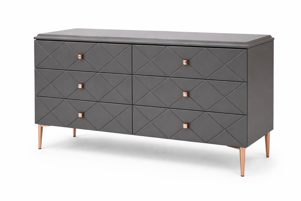 Turin Dresser high gloss Grey and Rose Gold 6 self close drawers