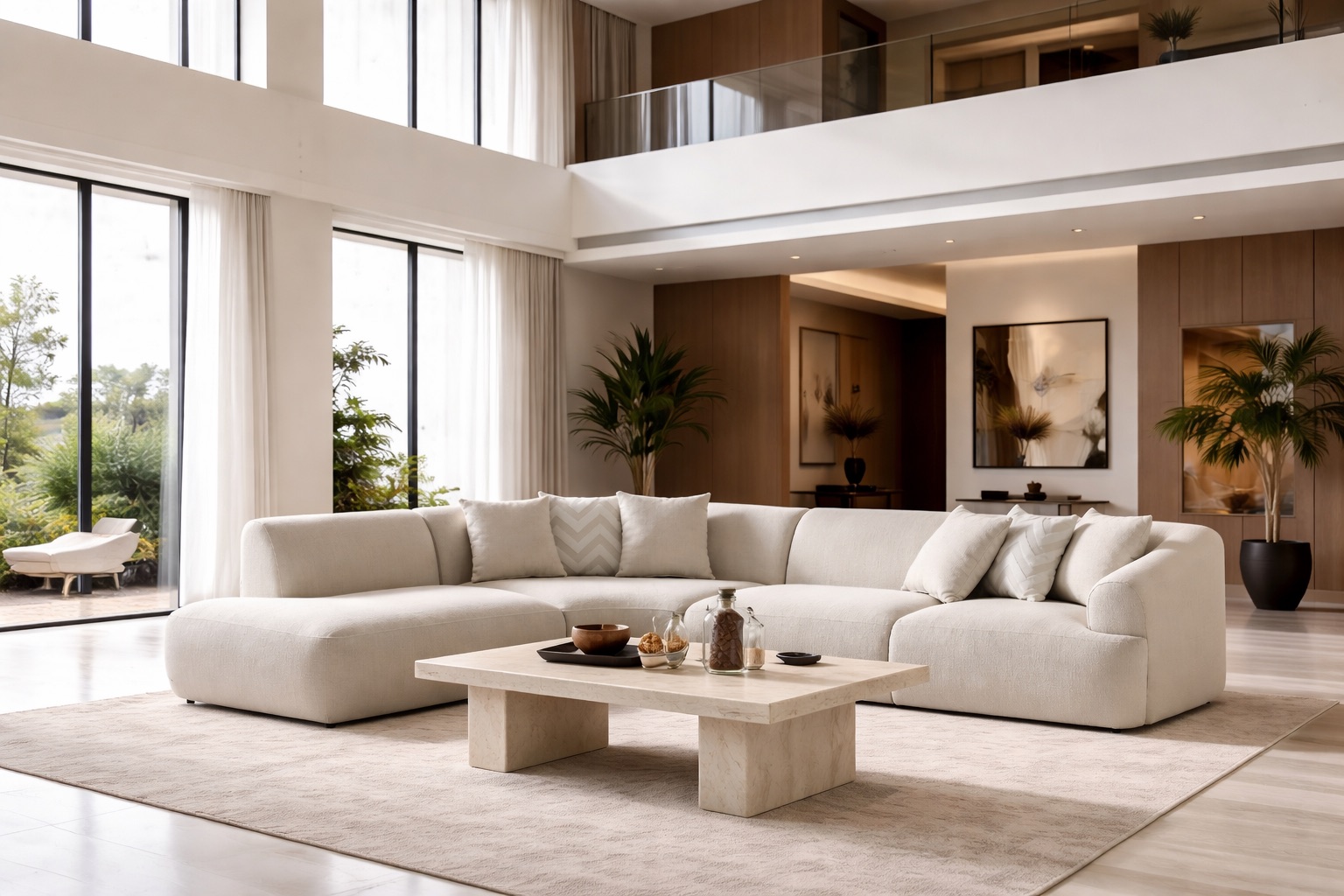 Cream sectional sofa and stone coffee table in a bright living room